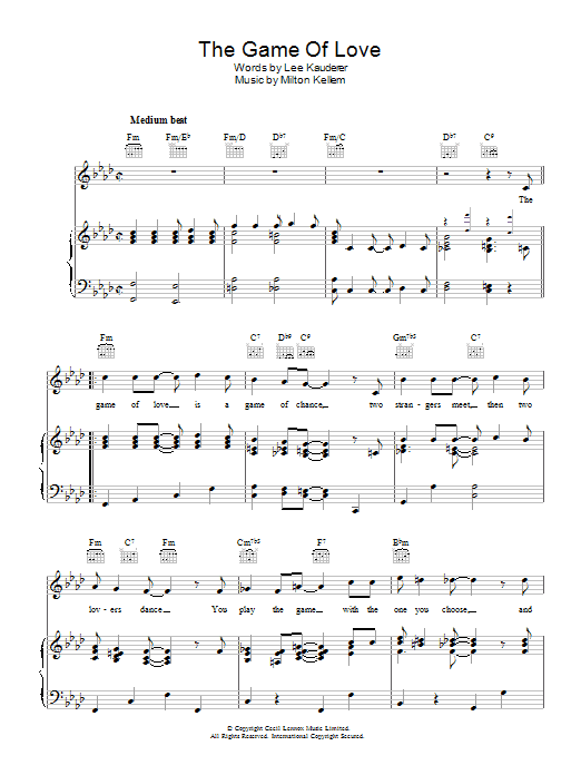 Learn to play Ronnie Aldrich The Game Of Love sheet music for Piano, Vocal & Guitar (Right-Hand Melody) in minutes. Ronnie Aldrich The Game Of Love sheet music preview music notes and score for Piano, Vocal & Guitar (Right-Hand Melody) including 4 page(s)