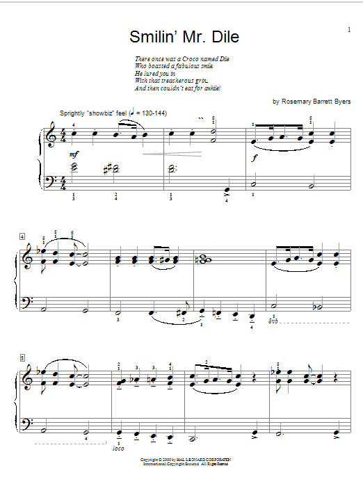 Learn to play Rosemary Barrett Byers Smilin' Mr. Dile sheet music for Easy Piano in minutes. Rosemary Barrett Byers Smilin' Mr. Dile sheet music preview music notes and score for Easy Piano including 2 page(s)
