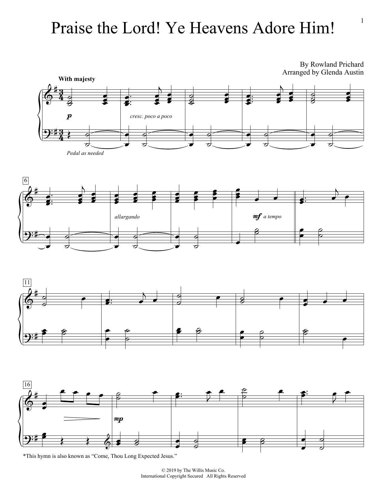 Rowland Prichard Praise The Lord! Ye Heavens Adore Him! (arr. Glenda Austin) sheet music, chords, lyrics - Printable PDF for Educational Piano