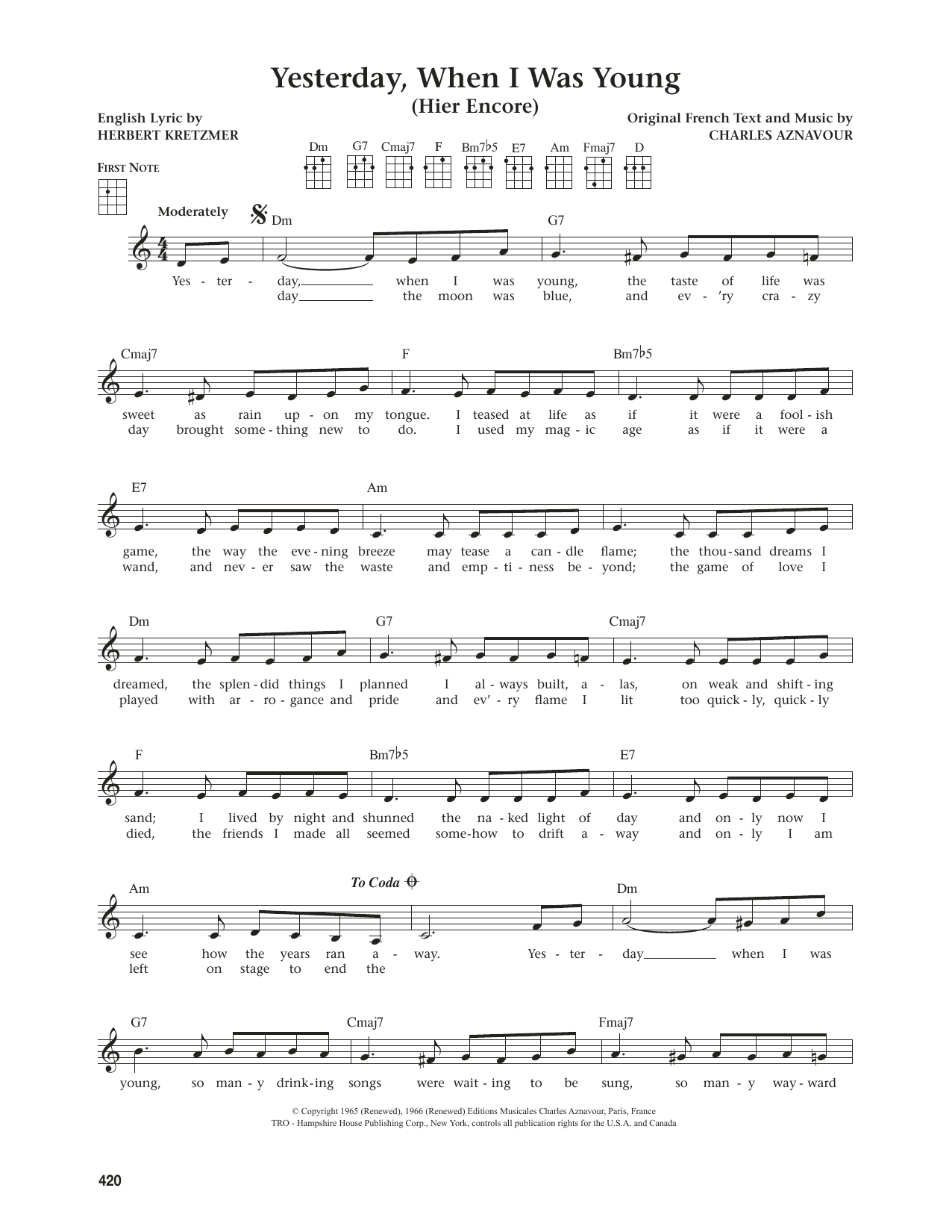 Roy Clark Yesterday, When I Was Young (Hier Encore) (from The Daily Ukulele) (arr. Jim Beloff) sheet music, chords, lyrics - Printable PDF for Ukulele