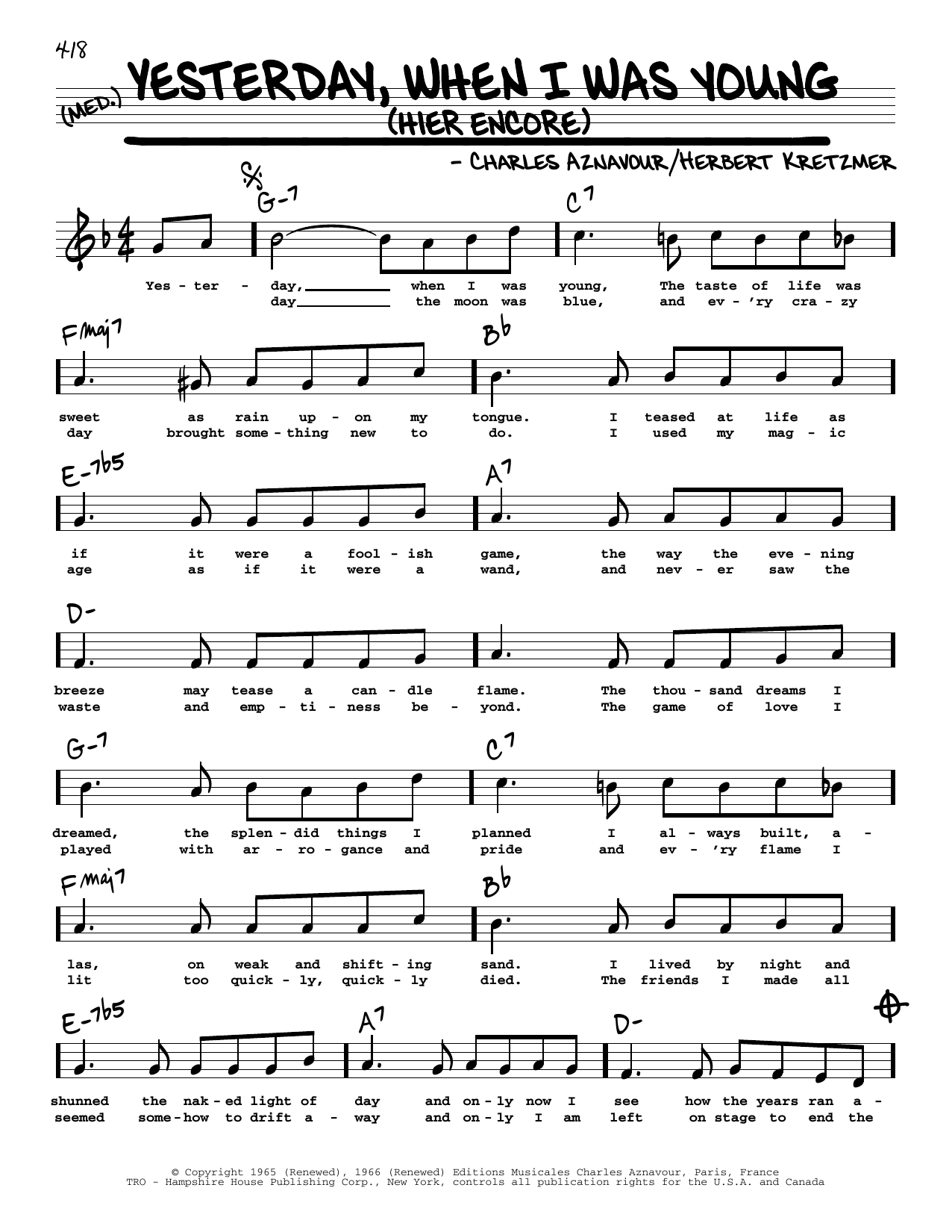 Roy Clark Yesterday, When I Was Young (Hier Encore) (High Voice) sheet music, chords, lyrics - Printable PDF for Real Book – Melody, Lyrics & Chords