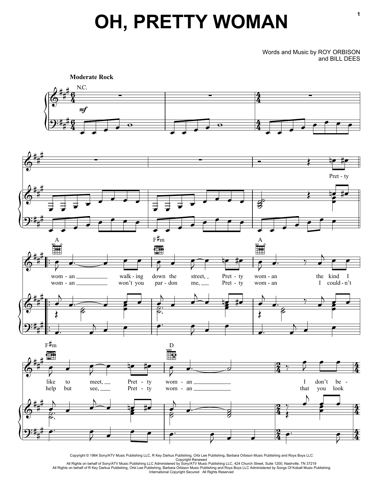 Download Roy Orbison Oh, Pretty Woman sheet music notes and chords for Piano, Vocal & Guitar (Right-Hand Melody) - Download Printable PDF and start playing in minutes.