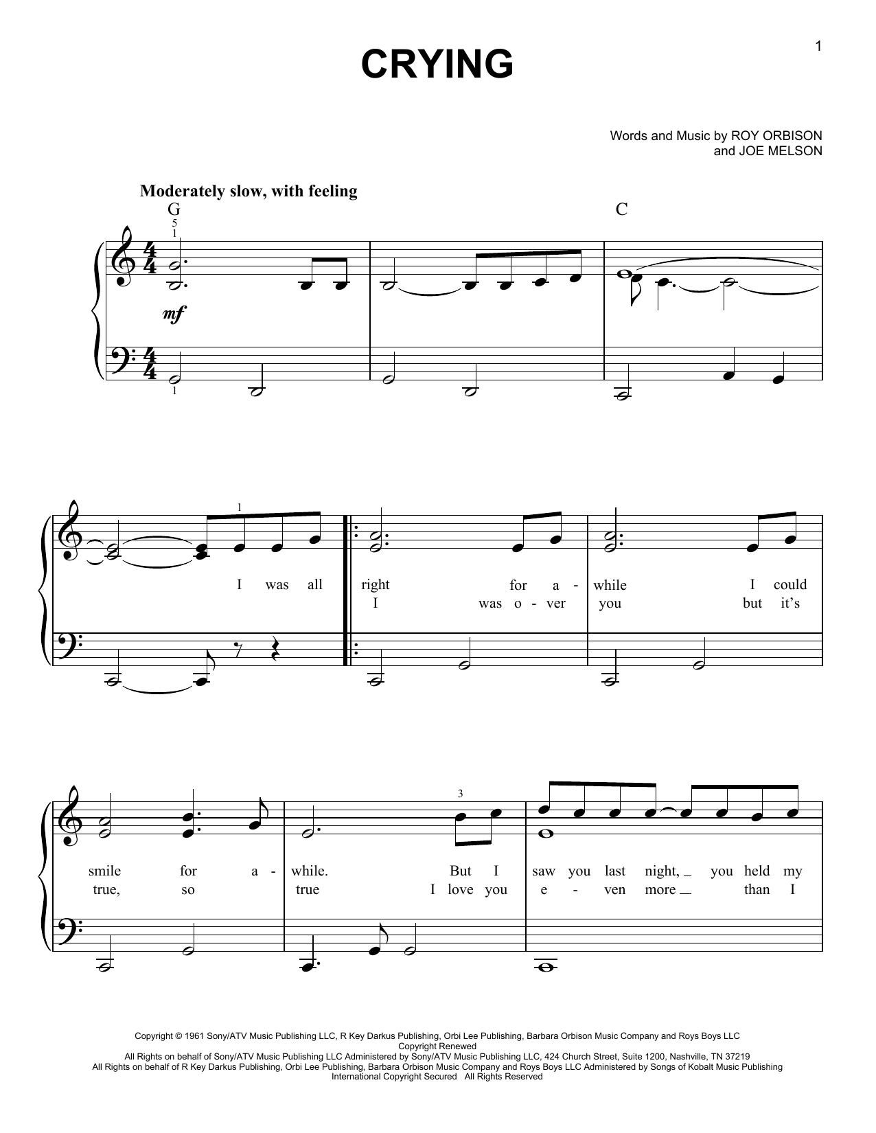 Learn to play Roy Orbison Crying sheet music for Easy Guitar in minutes. Roy Orbison Crying sheet music preview music notes and score for Easy Guitar including 2 page(s)