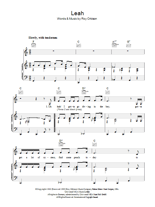 Learn to play Roy Orbison Leah sheet music for Piano, Vocal & Guitar (Right-Hand Melody) in minutes. Roy Orbison Leah sheet music preview music notes and score for Piano, Vocal & Guitar (Right-Hand Melody) including 4 page(s)