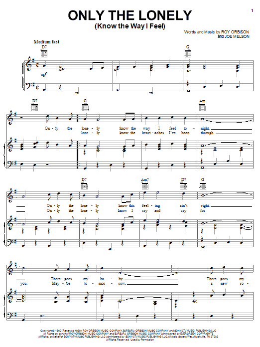 Learn to play Roy Orbison Only The Lonely (Know The Way I Feel) sheet music for Easy Guitar in minutes. Roy Orbison Only The Lonely (Know The Way I Feel) sheet music preview music notes and score for Easy Guitar including 2 page(s)