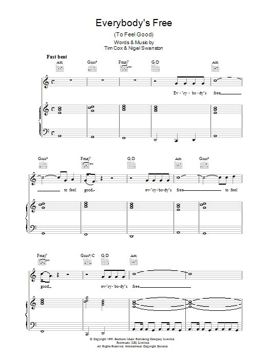 Learn to play Rozalla Everybody's Free (To Feel Good) sheet music for Piano, Vocal & Guitar (Right-Hand Melody) in minutes. Rozalla Everybody's Free (To Feel Good) sheet music preview music notes and score for Piano, Vocal & Guitar (Right-Hand Melody) including 5 page(s)