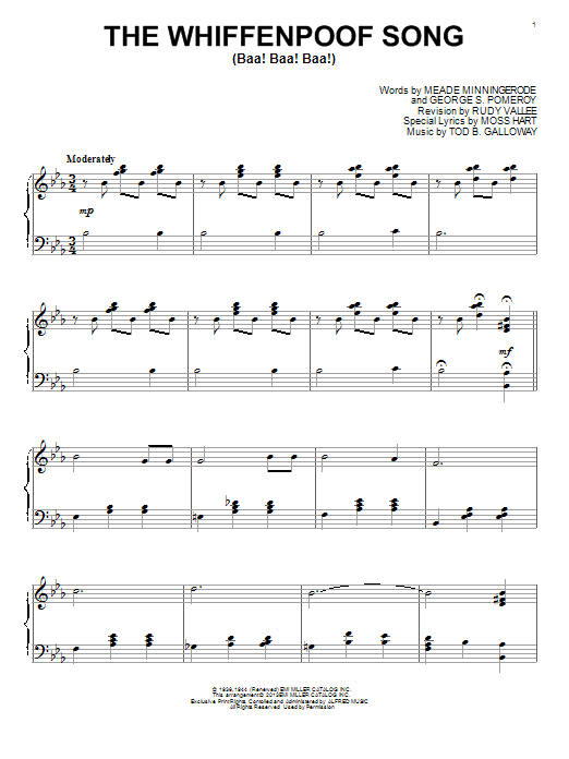Rudy Vallee The Whiffenpoof Song (Baa! Baa! Baa!) sheet music, chords, lyrics - Printable PDF for Piano