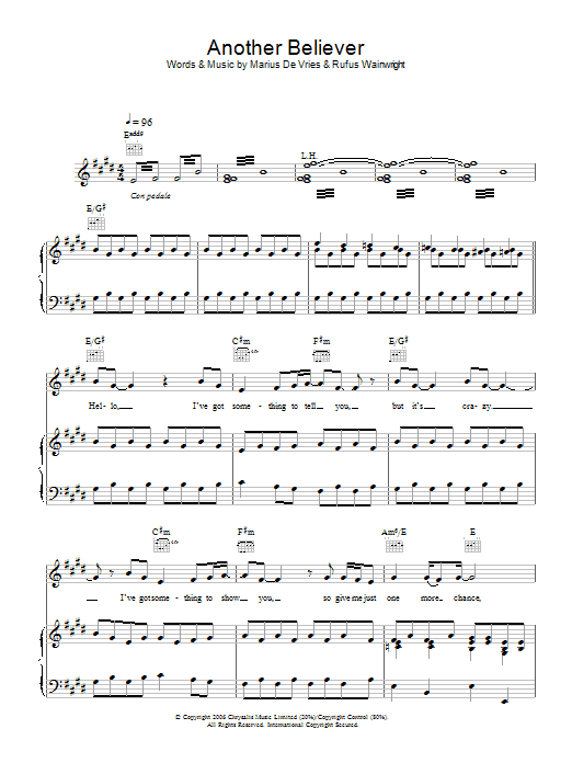 Learn to play Rufus Wainwright Another Believer sheet music for Piano, Vocal & Guitar (Right-Hand Melody) in minutes. Rufus Wainwright Another Believer sheet music preview music notes and score for Piano, Vocal & Guitar (Right-Hand Melody) including 9 page(s)