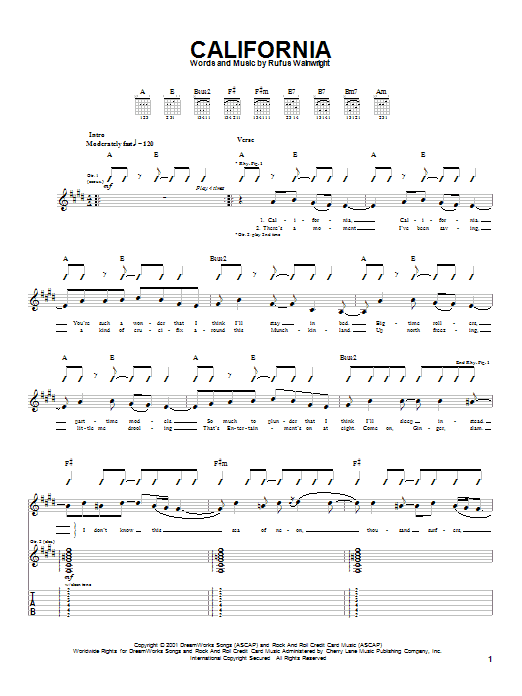 Learn to play Rufus Wainwright California sheet music for Guitar Tab in minutes. Rufus Wainwright California sheet music preview music notes and score for Guitar Tab including 5 page(s)