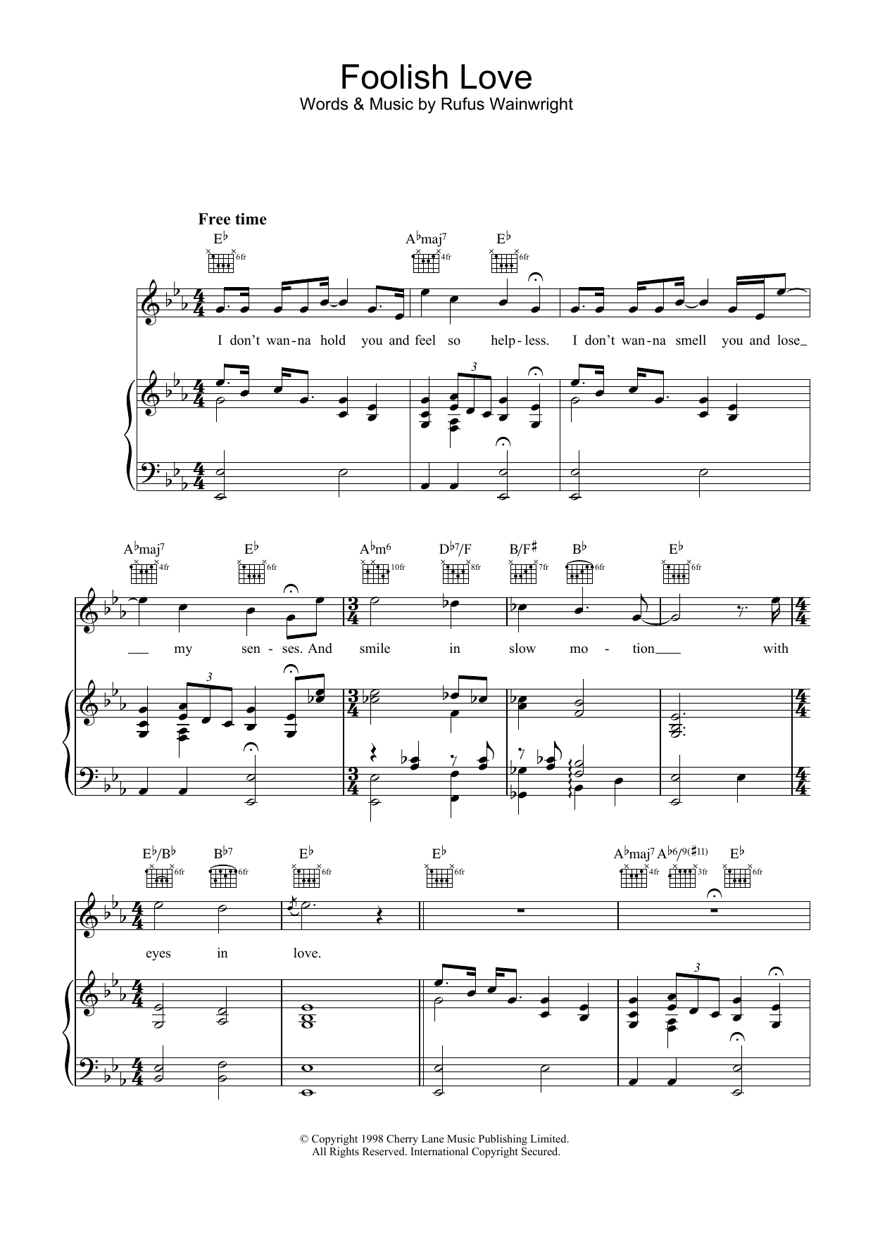 Rufus Wainwright Foolish Love sheet music preview music notes and score for Piano, Vocal & Guitar including 7 page(s)