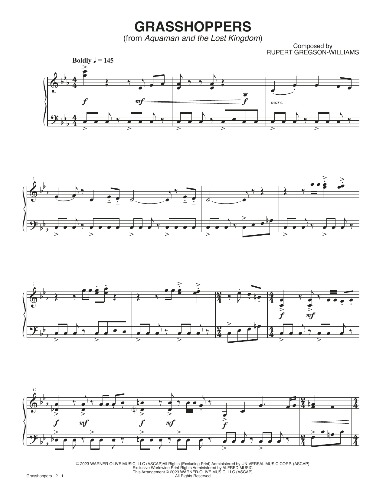 Rupert Gregson-Williams Grasshoppers (from Aquaman and the Lost Kingdom) sheet music, chords, lyrics - Printable PDF for Piano Solo