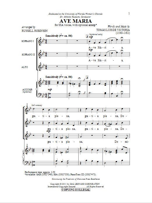 Learn to play Tomas Luis de Victoria Ave Maria (arr. Russell Robinson) sheet music for SAB in minutes. Tomas Luis de Victoria Ave Maria (arr. Russell Robinson) sheet music preview music notes and score for SAB including 6 page(s)