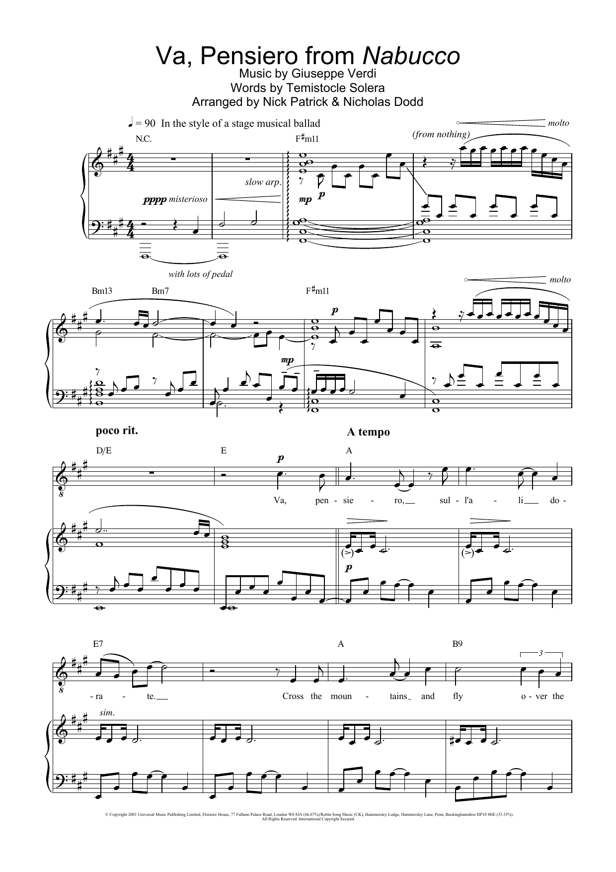 Learn to play Russell Watson Va, Pensiero (Chorus Of The Hebrew Slaves) (from Nabucco) sheet music for Piano, Vocal & Guitar in minutes. Russell Watson Va, Pensiero (Chorus Of The Hebrew Slaves) (from Nabucco) sheet music preview music notes and score for Piano, Vocal & Guitar including 7 page(s)