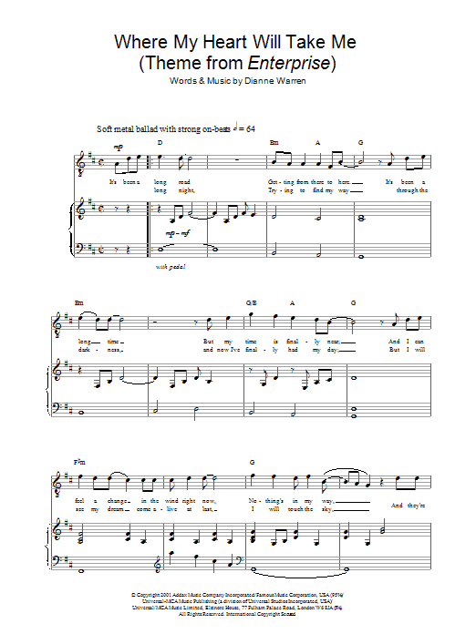 Learn to play Russell Watson Where My Heart Will Take Me (theme from Star Trek: Enterprise) sheet music for Piano, Vocal & Guitar in minutes. Russell Watson Where My Heart Will Take Me (theme from Star Trek: Enterprise) sheet music preview music notes and score for Piano, Vocal & Guitar including 7 page(s)
