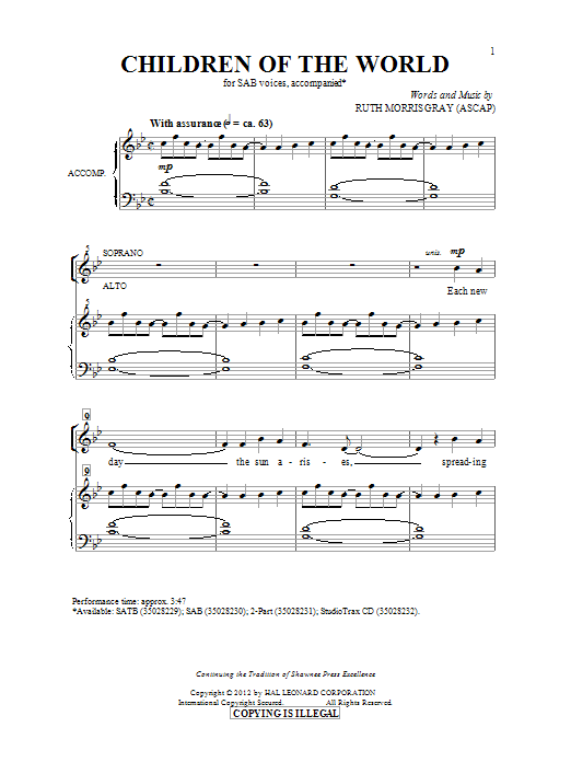 Ruth Morris Gray Children Of The World sheet music, chords, lyrics - Printable PDF for 2-Part Choir
