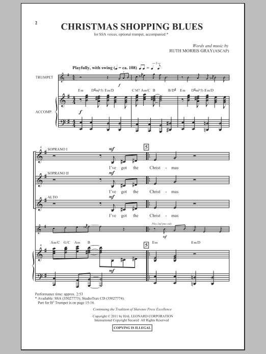Ruth Morris Gray Christmas Shopping Blues sheet music, chords, lyrics - Printable PDF for SSA Choir