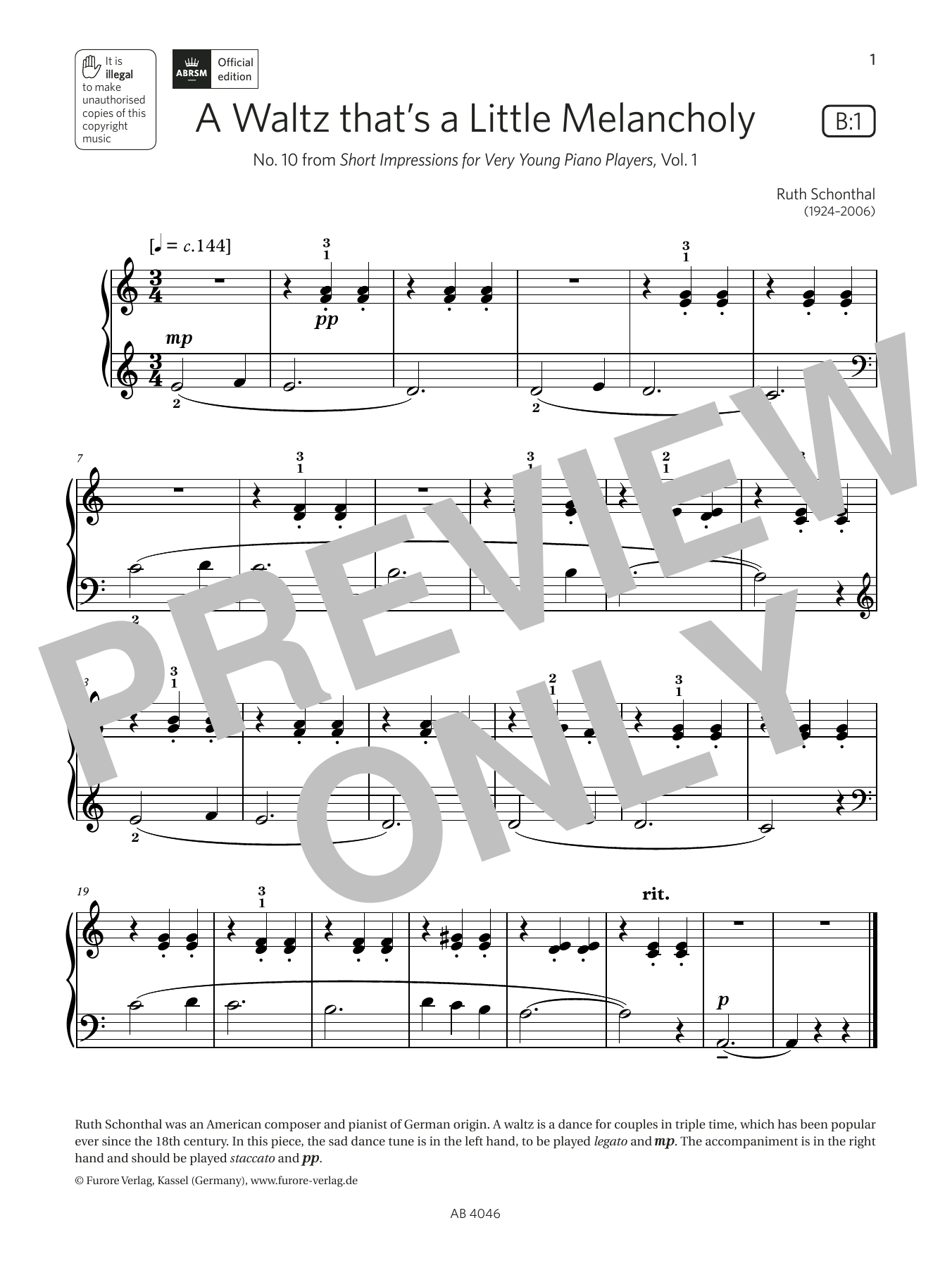 Ruth Schonthal A Waltz thats a Little Melancholy (Grade Initial, list B1, from ABRSM Piano Syllabus 2023 & 2024) sheet music, chords, lyrics - Printable PDF for Piano Solo