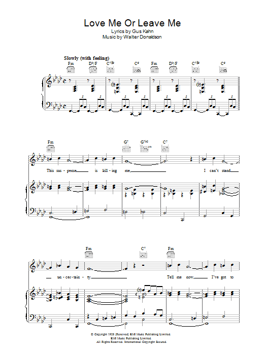 Gus Kahn Love Me Or Leave Me  sheet music preview music notes and score for Piano, Vocal & Guitar (Right-Hand Melody) including 5 page(s)