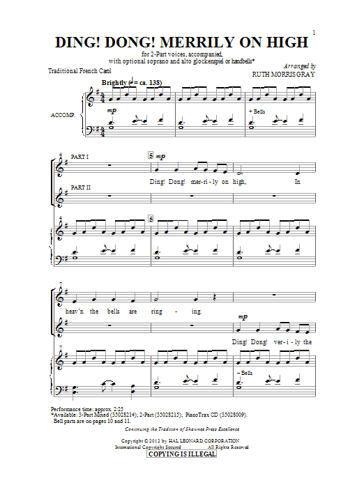 Learn to play Ruth Morris Gray Ding Dong! Merrily On High! sheet music for 2-Part Choir in minutes. Ruth Morris Gray Ding Dong! Merrily On High! sheet music preview music notes and score for 2-Part Choir including 10 page(s)