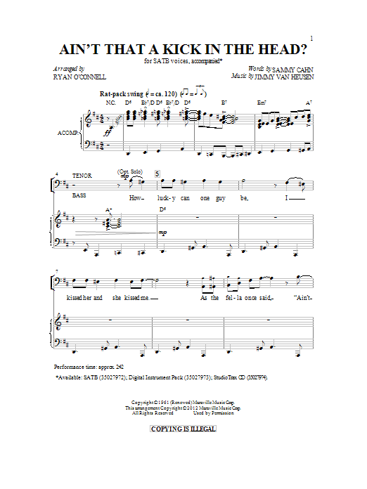 Learn to play Ryan O'Connell Ain't That A Kick In The Head sheet music for SATB in minutes. Ryan O'Connell Ain't That A Kick In The Head sheet music preview music notes and score for SATB including 9 page(s)