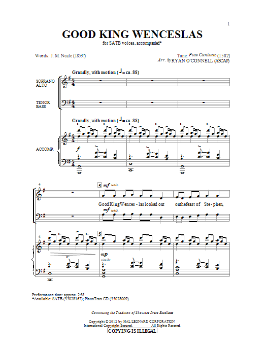 Learn to play Ryan O'Connell Good King Wenceslas sheet music for SATB in minutes. Ryan O'Connell Good King Wenceslas sheet music preview music notes and score for SATB including 10 page(s)