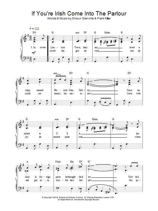 Download Shaun Glenville If You're Irish Come Into The Parlour sheet music notes and chords for Piano, Vocal & Guitar (Right-Hand Melody) - Download Printable PDF and start playing in minutes.