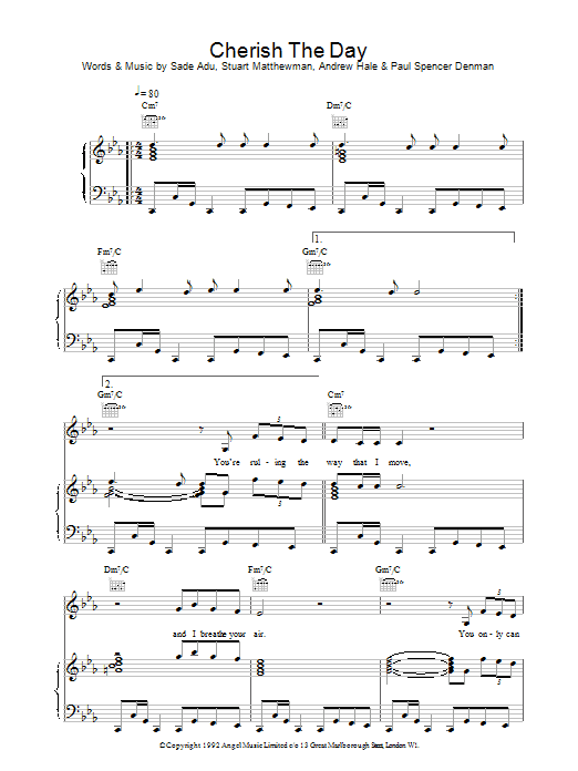 Sade Cherish The Day sheet music preview music notes and score for Piano, Vocal & Guitar (Right-Hand Melody) including 6 page(s)