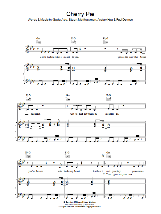 Sade Cherry Pie sheet music preview music notes and score for Piano, Vocal & Guitar including 4 page(s)