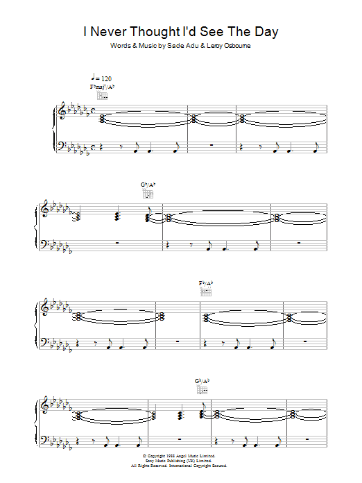 Sade I Never Thought I'd See The Day sheet music preview music notes and score for Piano, Vocal & Guitar including 6 page(s)