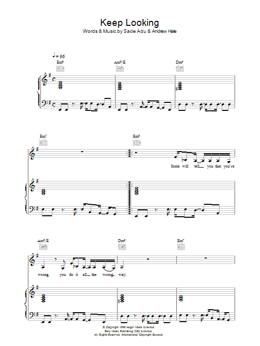 Sade Keep Looking sheet music preview music notes and score for Piano, Vocal & Guitar including 7 page(s)