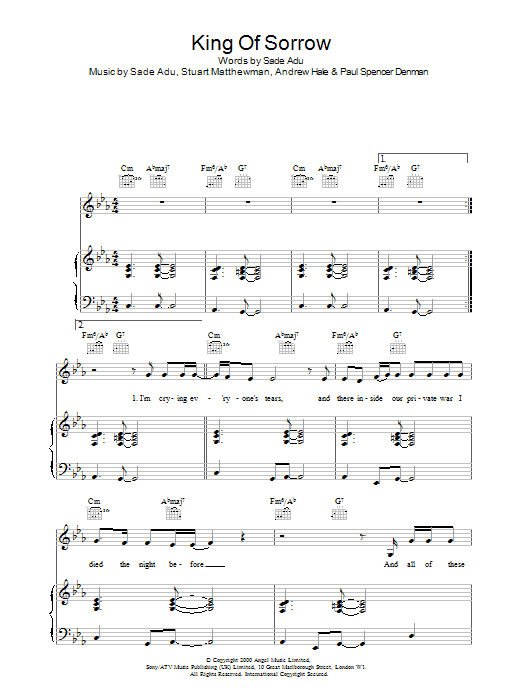 Sade King Of Sorrow sheet music preview music notes and score for Piano, Vocal & Guitar including 6 page(s)