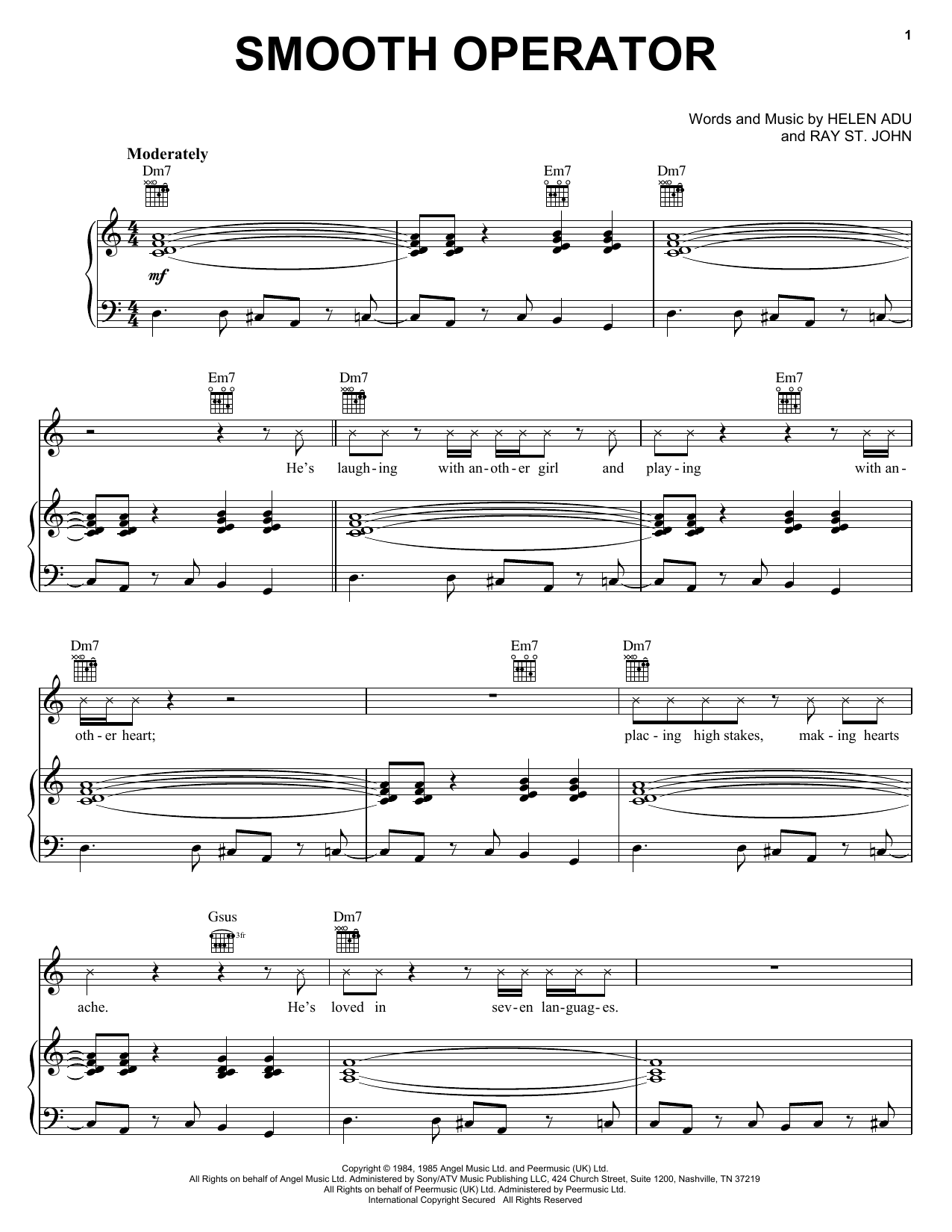 Sade Smooth Operator sheet music preview music notes and score for Piano, Vocal & Guitar (Right-Hand Melody) including 5 page(s)
