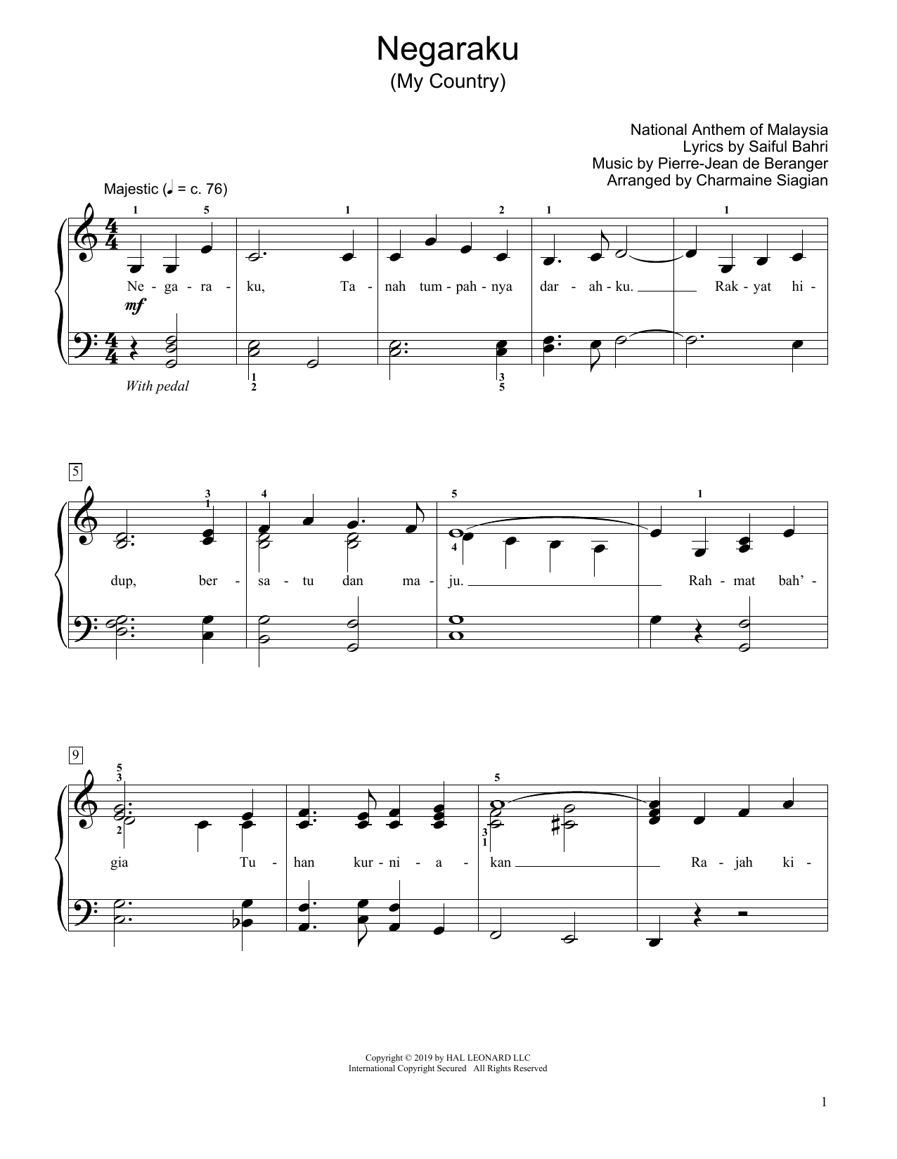 Learn to play Saiful Bahri My Country (Negaraku) (arr. Charmaine Siagian) sheet music for Educational Piano in minutes. Saiful Bahri My Country (Negaraku) (arr. Charmaine Siagian) sheet music preview music notes and score for Educational Piano including 2 page(s)