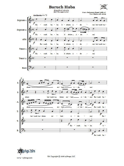 Learn to play Salamone Rossi Baruch Haba (Blessed be all who come) sheet music for Choral 6-Part in minutes. Salamone Rossi Baruch Haba (Blessed be all who come) sheet music preview music notes and score for Choral 6-Part including 7 page(s)