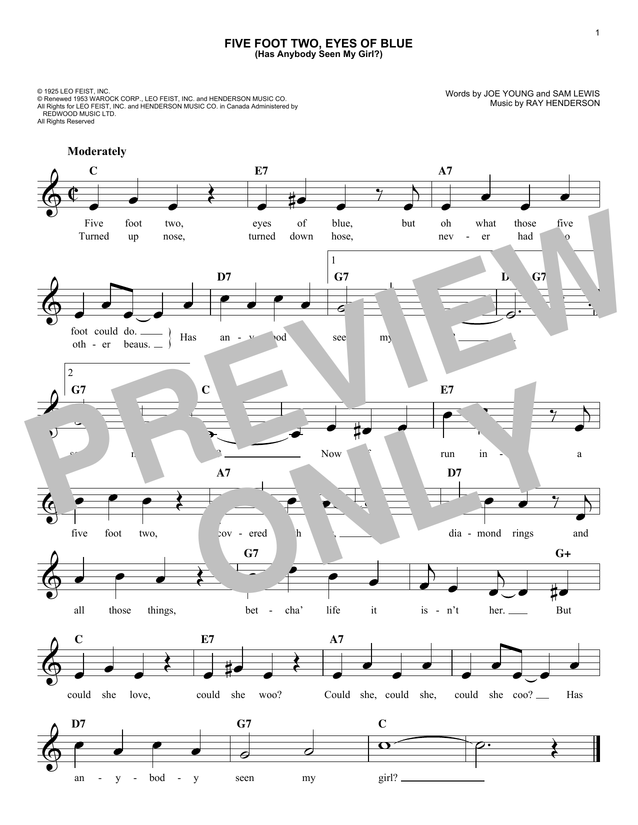 Sam Lewis Five Foot Two, Eyes Of Blue (Has Anybody Seen My Girl?) sheet music, chords, lyrics - Printable PDF for Melody Line, Lyrics & Chords