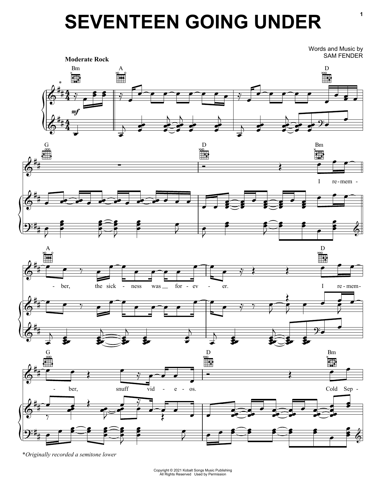 Sam Fender Seventeen Going Under sheet music preview music notes and score for Piano, Vocal & Guitar Chords (Right-Hand Melody) including 10 page(s)