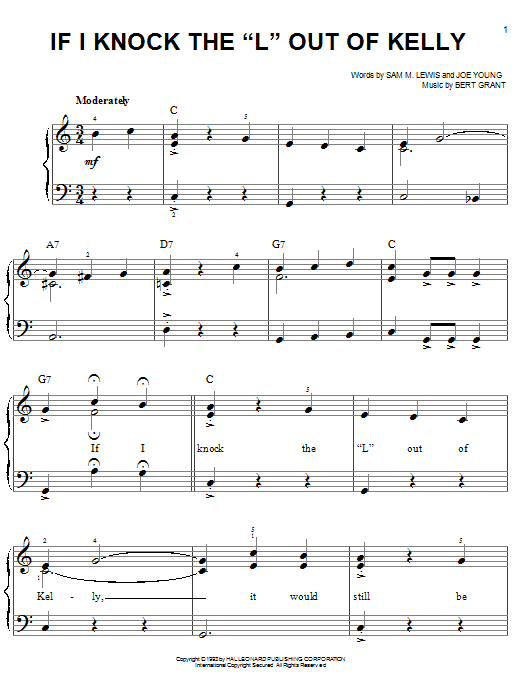 Learn to play Sam M. Lewis If I Knock The 'L' Out Of Kelly sheet music for Piano, Vocal & Guitar (Right-Hand Melody) in minutes. Sam M. Lewis If I Knock The 'L' Out Of Kelly sheet music preview music notes and score for Piano, Vocal & Guitar (Right-Hand Melody) including 5 page(s)