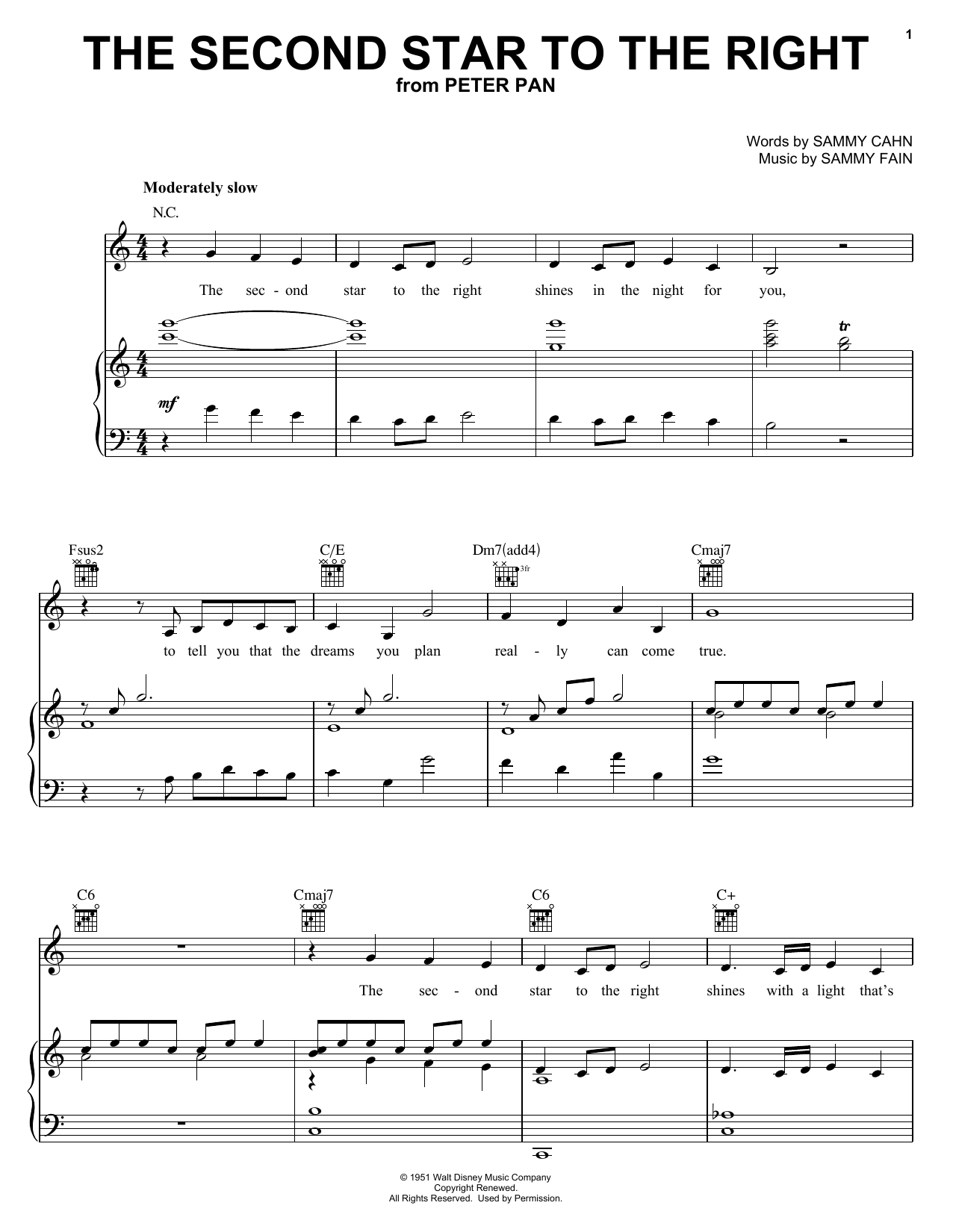 Sammy Cahn The Second Star To The Right (from Peter Pan) sheet music, chords, lyrics - Printable PDF for Piano, Vocal & Guitar (Right-Hand Melody)