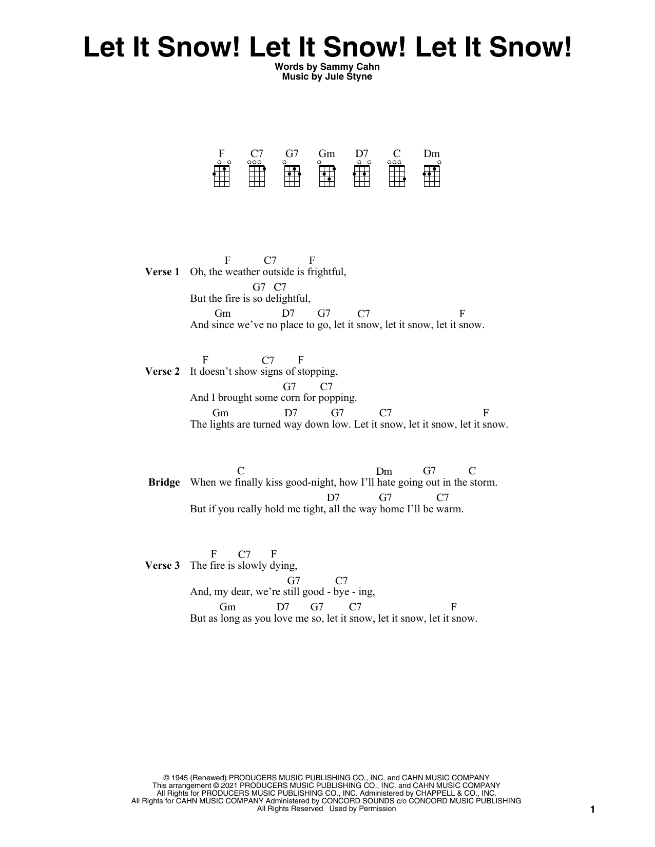 Sammy Cahn Let It Snow! Let It Snow! Let It Snow! (arr. Fred Sokolow) sheet music, chords, lyrics - Printable PDF for Ukulele