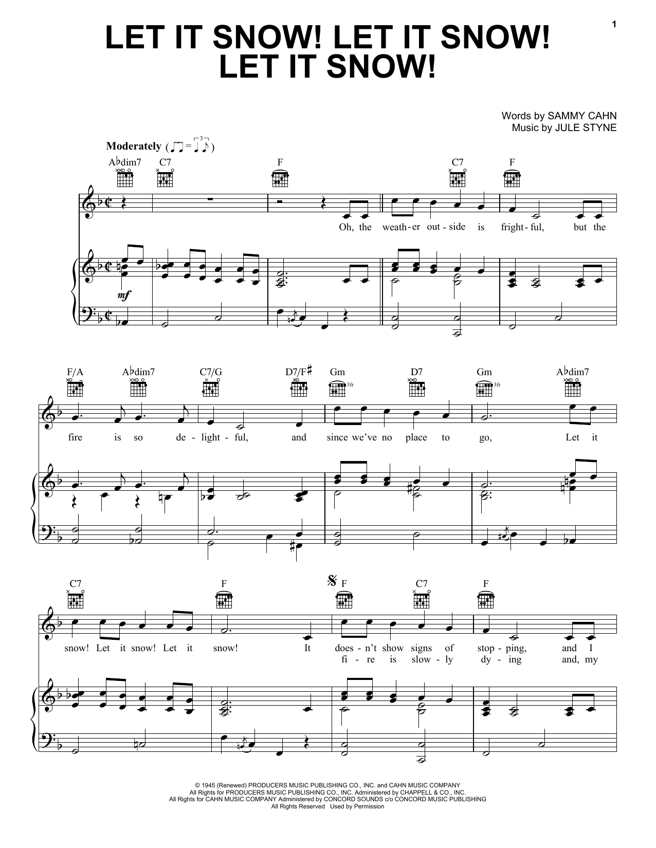 Download Sammy Cahn Let It Snow! Let It Snow! Let It Snow! sheet music notes and chords for Piano, Vocal & Guitar (Right-Hand Melody) - Download Printable PDF and start playing in minutes.