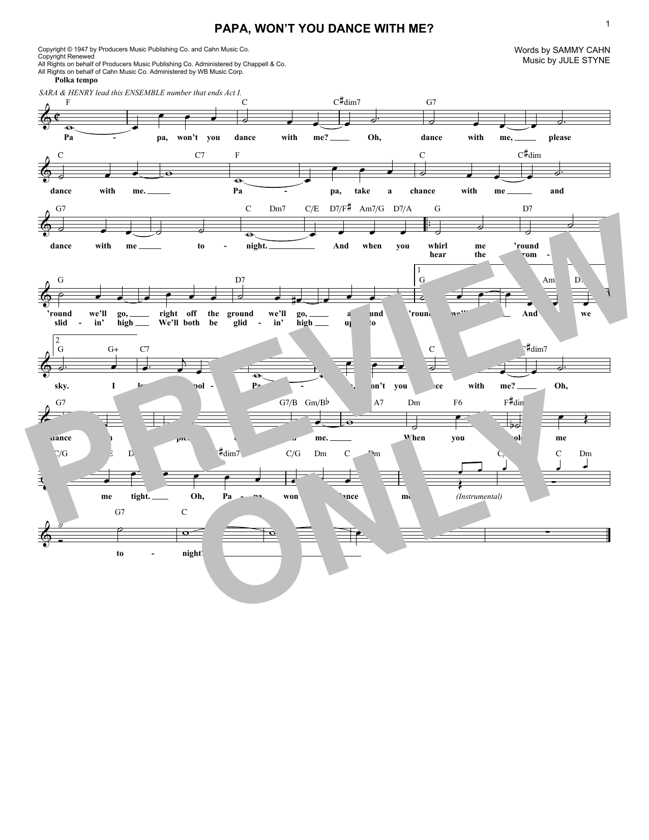 Sammy Cahn Papa, Won't You Dance With Me? sheet music, chords, lyrics - Printable PDF for Lead Sheet / Fake Book