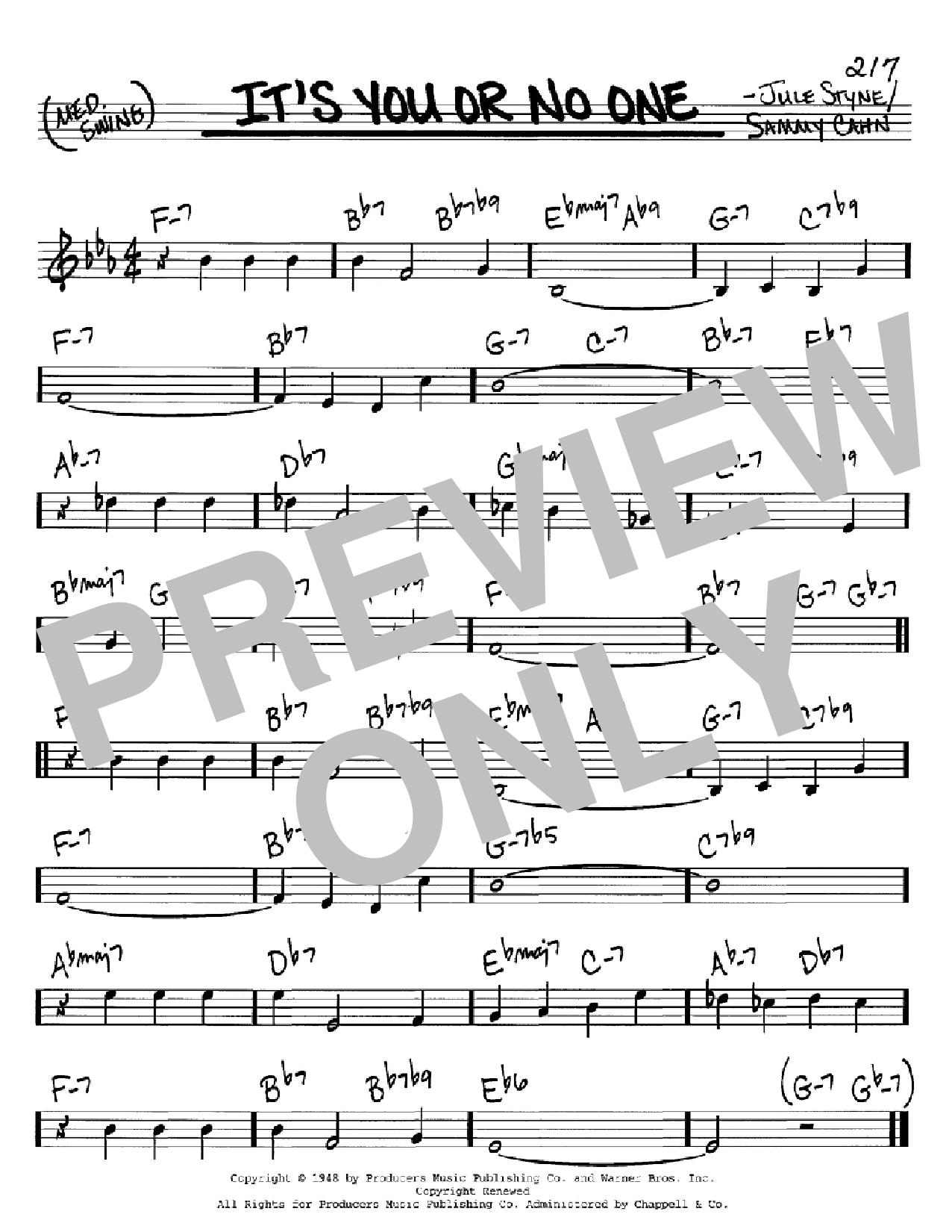 Learn to play Sammy Cahn It's You Or No One sheet music for Real Book - Melody & Chords - C Instruments in minutes. Sammy Cahn It's You Or No One sheet music preview music notes and score for Real Book - Melody & Chords - C Instruments including 1 page(s)