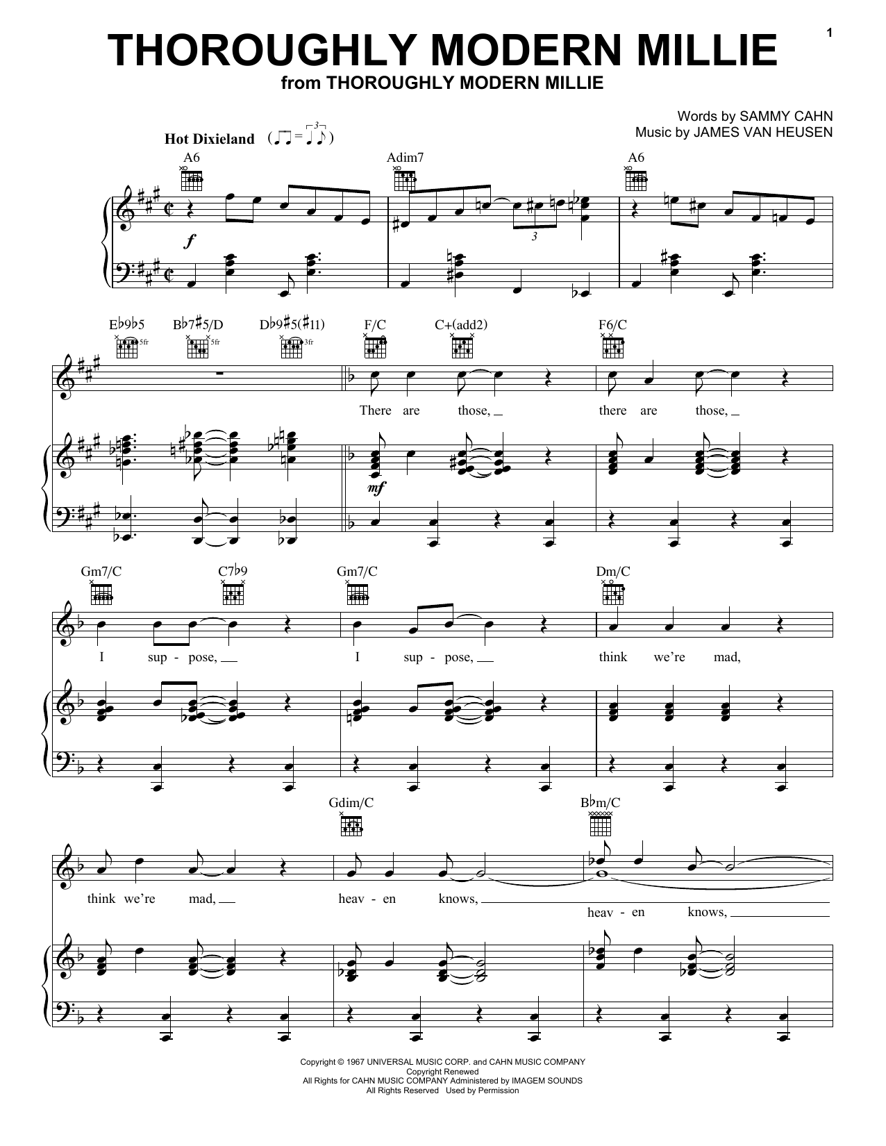 Learn to play Sammy Cahn Thoroughly Modern Millie sheet music for Piano, Vocal & Guitar (Right-Hand Melody) in minutes. Sammy Cahn Thoroughly Modern Millie sheet music preview music notes and score for Piano, Vocal & Guitar (Right-Hand Melody) including 10 page(s)