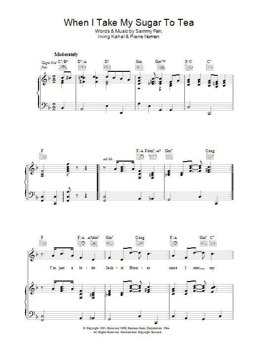 Sammy Fain When I Take My Sugar To Tea sheet music preview music notes and score for Piano, Vocal & Guitar (Right-Hand Melody) including 6 page(s)