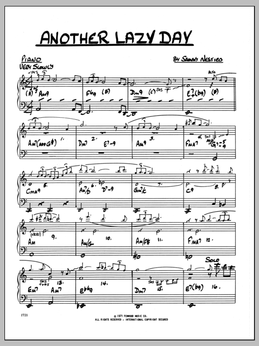 Learn to play Sammy Nestico Another Lazy Day - Piano sheet music for Jazz Ensemble in minutes. Sammy Nestico Another Lazy Day - Piano sheet music preview music notes and score for Jazz Ensemble including 2 page(s)