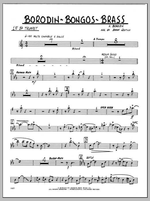 Learn to play Sammy Nestico Borodin-Bongos-Brass - 1st Bb Trumpet sheet music for Jazz Ensemble in minutes. Sammy Nestico Borodin-Bongos-Brass - 1st Bb Trumpet sheet music preview music notes and score for Jazz Ensemble including 2 page(s)