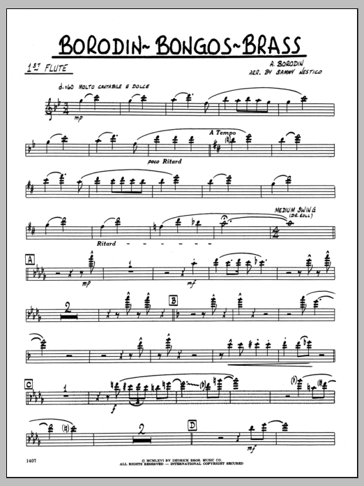 Learn to play Sammy Nestico Borodin-Bongos-Brass - 1st Flute sheet music for Jazz Ensemble in minutes. Sammy Nestico Borodin-Bongos-Brass - 1st Flute sheet music preview music notes and score for Jazz Ensemble including 2 page(s)