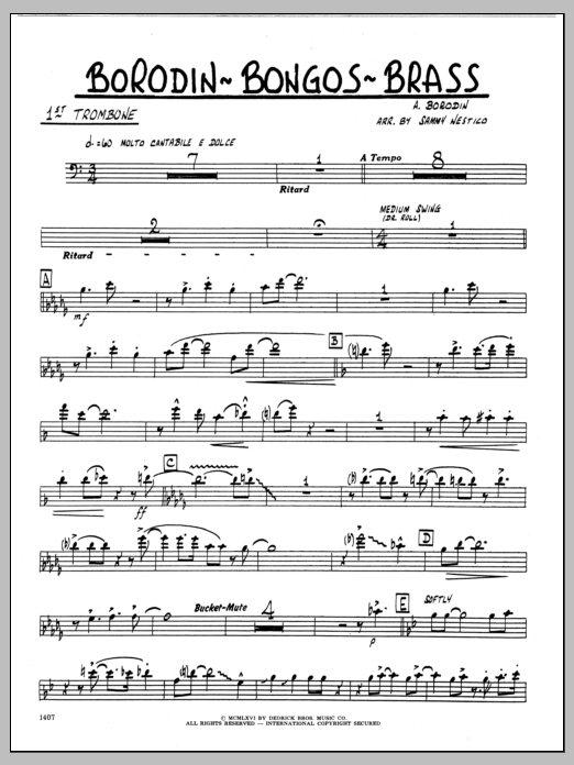 Learn to play Sammy Nestico Borodin-Bongos-Brass - 1st Trombone sheet music for Jazz Ensemble in minutes. Sammy Nestico Borodin-Bongos-Brass - 1st Trombone sheet music preview music notes and score for Jazz Ensemble including 2 page(s)