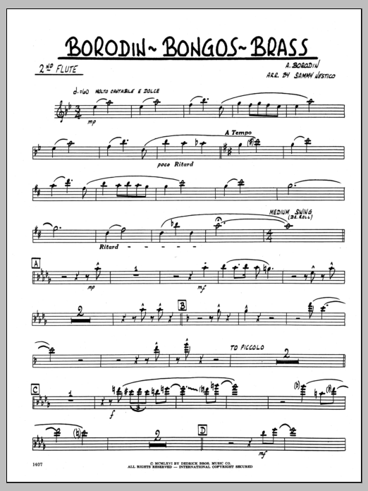 Learn to play Sammy Nestico Borodin-Bongos-Brass - 2nd Flute sheet music for Jazz Ensemble in minutes. Sammy Nestico Borodin-Bongos-Brass - 2nd Flute sheet music preview music notes and score for Jazz Ensemble including 2 page(s)