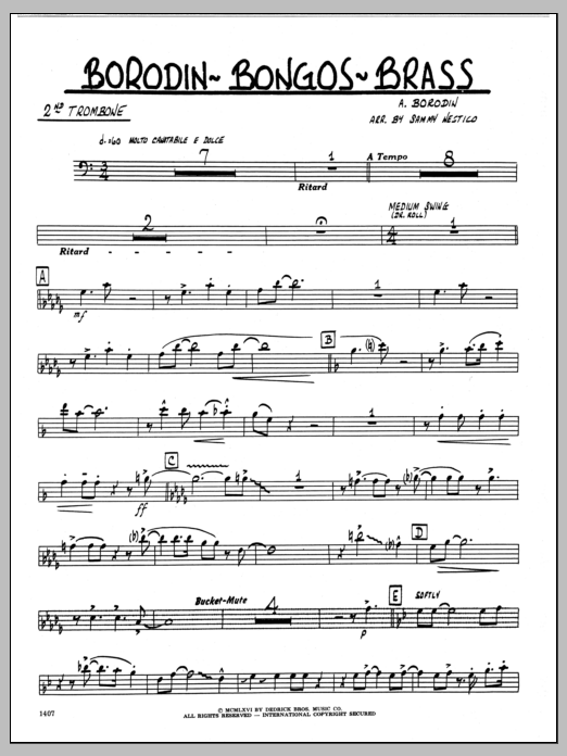 Learn to play Sammy Nestico Borodin-Bongos-Brass - 2nd Trombone sheet music for Jazz Ensemble in minutes. Sammy Nestico Borodin-Bongos-Brass - 2nd Trombone sheet music preview music notes and score for Jazz Ensemble including 2 page(s)
